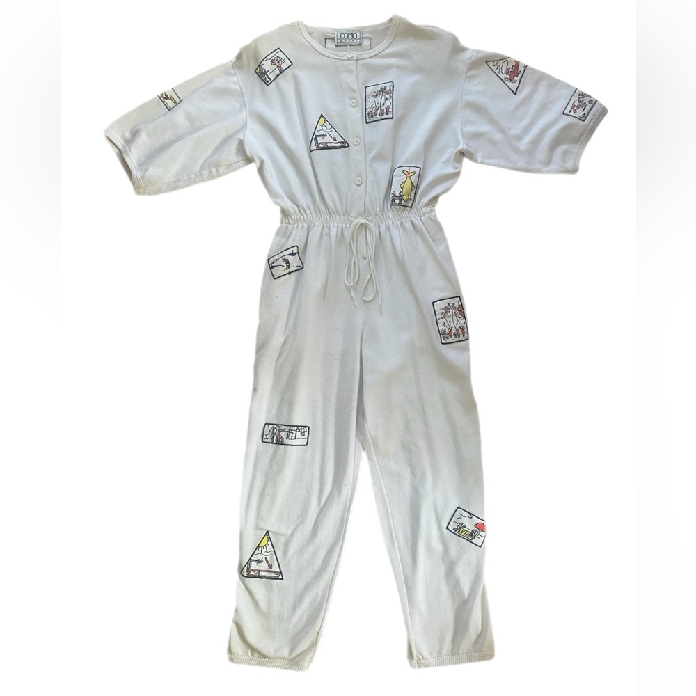 Vintage White Cotton Fun Patchwork Jumpsuit 80s Bode Inspired Small Medium
